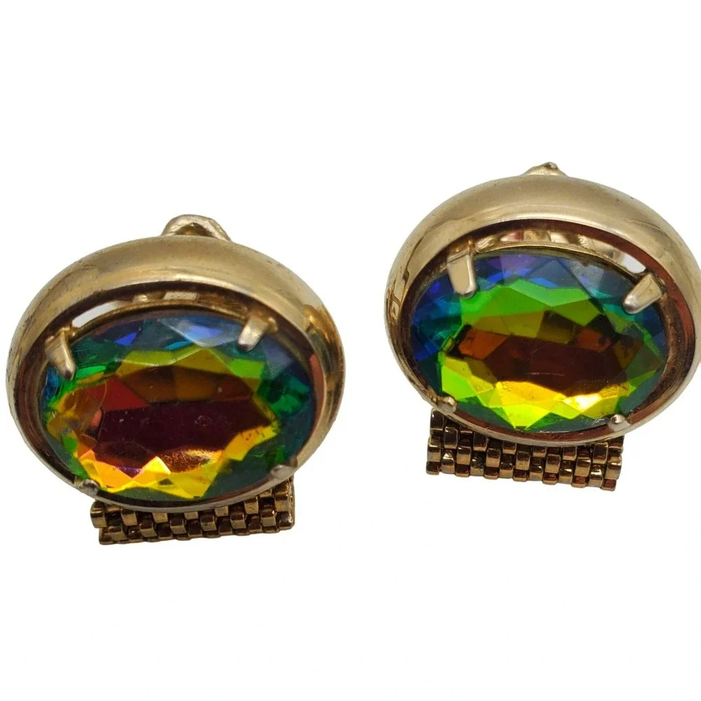 Large Gold Mesh Cufflinks Watermelon Rainbow Glass Retro Wrap Around Chunky Vtg